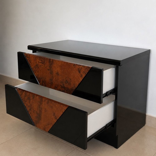 Modern nightstand like new with 2 drawers gloss black and burl wood