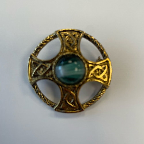 Byzantine style cross brooch with gray round stone like new