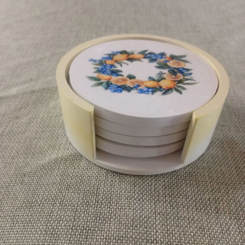 Porcelain coaster set with lemon design, new, cork base