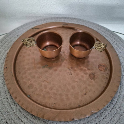 Copper hammered tray with glasses, used, 1960s