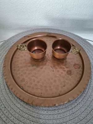 Copper hammered tray with glasses, used, 1960s