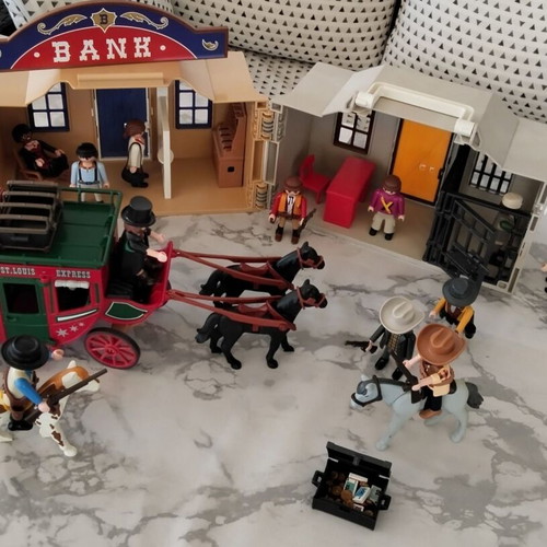 Playmobil Western Mega Lot used with Sheriff, Bank, Stagecoach & 13 Figures