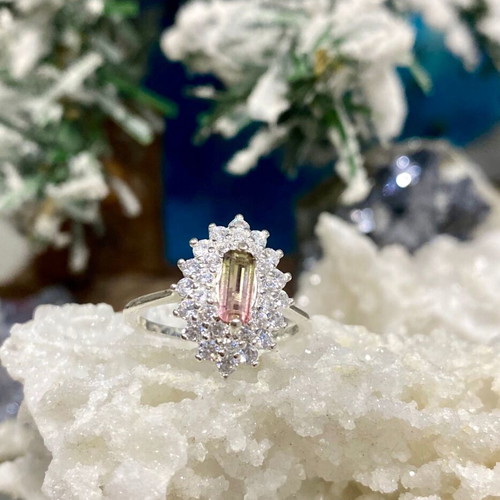 Handmade silver ring with natural watermelon tourmaline and moissanite