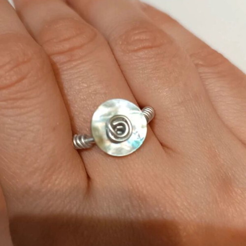 Ring with iridescent shell button adjustable, handmade silver