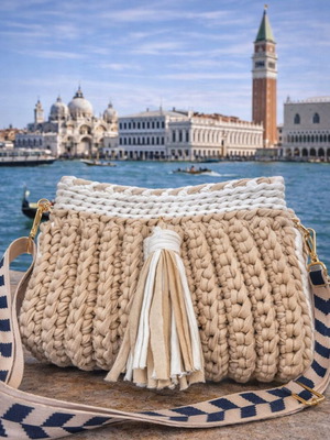 Venice Breeze handmade crochet crossbody bag new, beige
