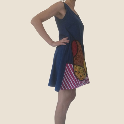 Boho cotton dress used, blue with colorful patchwork, S-M