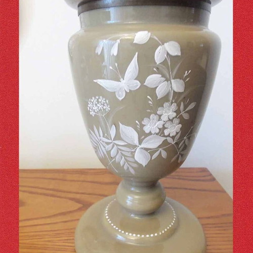 Oil lamp opaline with hand painting, used, 33 cm height