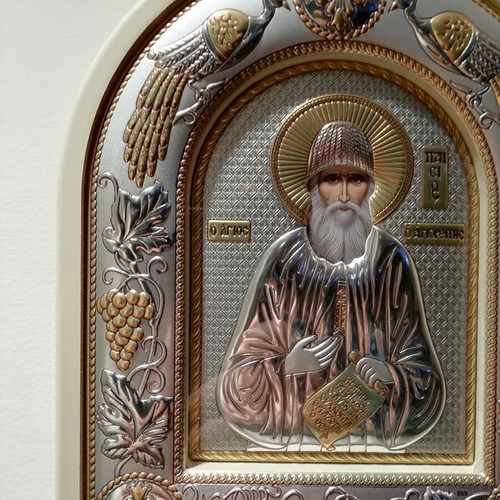Επάργυρη εικόνα Αγίου Παϊσίου καινούργια με ξύλινη βάση