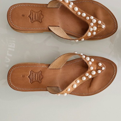 Ancient Greek Sandals leather sandals new, size 40, beige with pearls