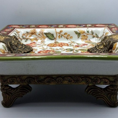 Wong Lee Porcelain Ashtray with Crackle and Bronze Details like new