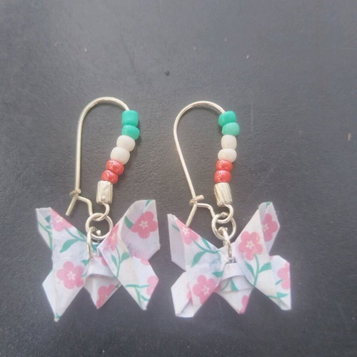 Handmade earrings with origami butterfly like new, red and turquoise