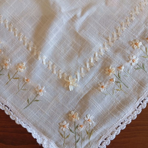 Fabric square with floral embroidery and lace trim, like new