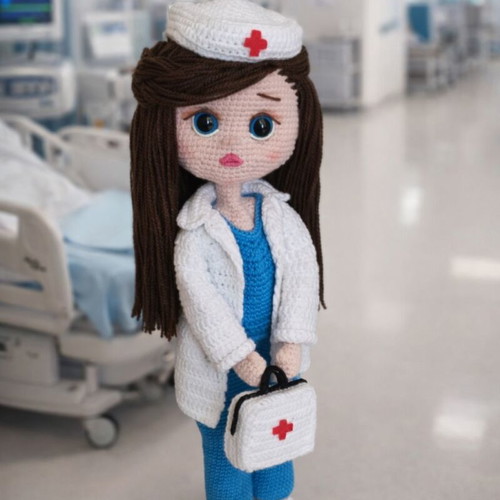 Knitted doctor doll new with medical accessories