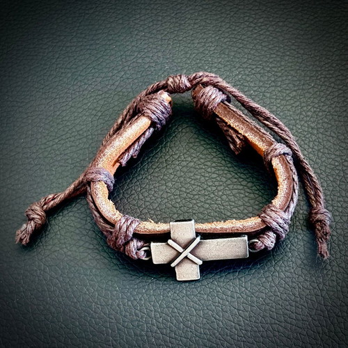 Genuine Brown Leather Cross Bracelet, M FORGE