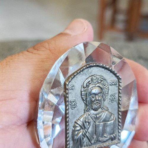 Vintage religious icon crystal and silver 825