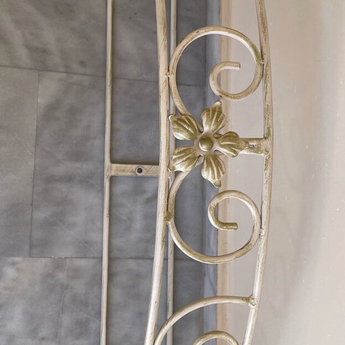 Handmade solid iron bed set with curtain rod and wall mount for mosquito net like new, beige gold patina