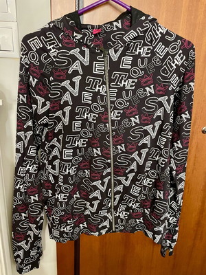 Save The Queen jacket with zipper and hood like new, size S, black-white