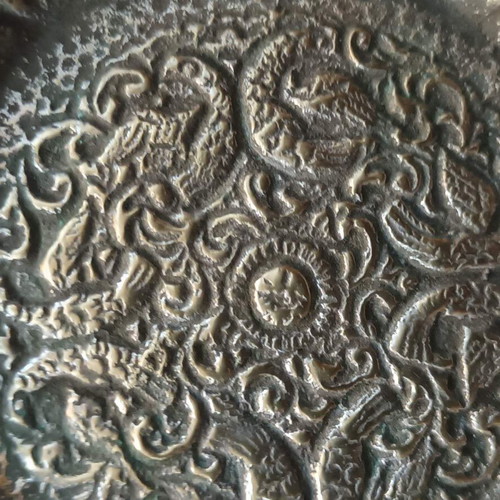 Silver-plated ashtray used, cast brass with decorative peacocks