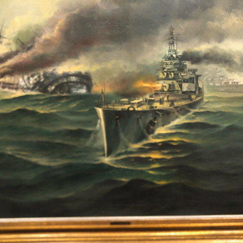 Fotis Kotsinas oil painting used, battle scene of German battleship Bismarck