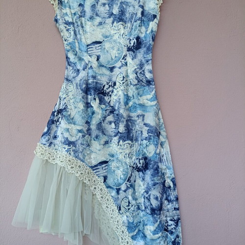 Baroque Vintage Velvet Dress with Handmade Lace Cherub Print M