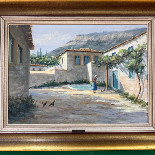 Α. Σέρφος Ελαιογραφία Σαν Καινούργιο, Όμορφο Τοπίο Σε Κορνίζα Εποχής