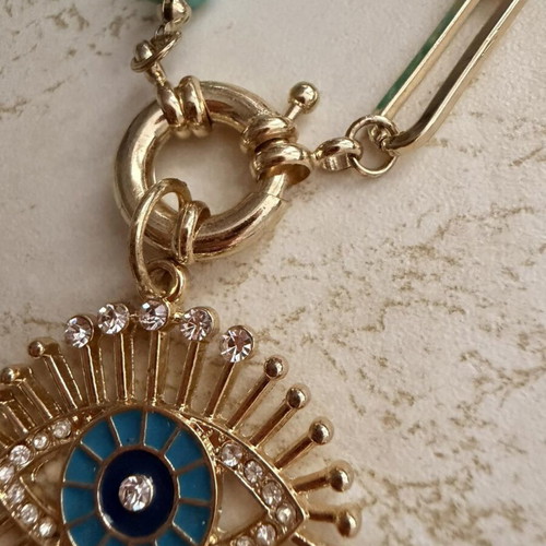 Necklace with turquoise stones and eye pendant like new, boho style
