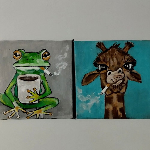 Set of 2 Handmade Surreal Frog and Smoking Giraffe Paintings