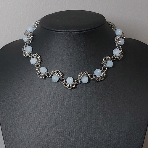 Chainmail necklace with aquamarine beads new, stainless steel