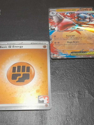 Pokemon cards Mega Abomasnow ex, Mega Lucario ex, Basic Energy gold, Bulbasaur 2026 Pokémon day card