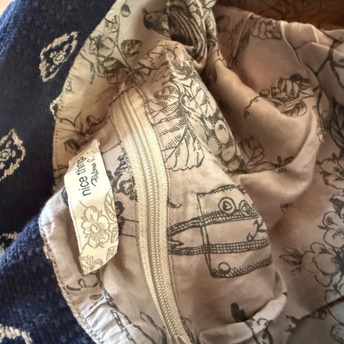 Nice Things shoulder bag used, cotton and leather, navy with pattern