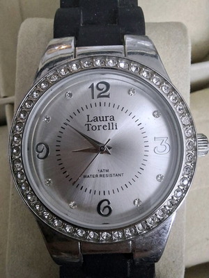 Laura Torelli crystals watch used, white rubber strap