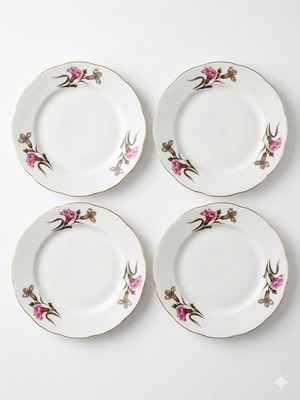 Porcelain plate set of 4 with gold details and flowers new