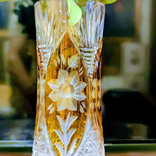 Bohemian Crystal Vase hand-cut with carved flowers, like new