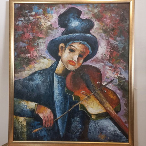 Oil painting on canvas "The Boy with the Violin" like new, 66x55 cm