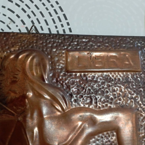 Vintage embossed brass plaque Libra zodiac used