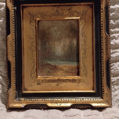 Oil painting by G. Skourlis used, miniature landscape in ornate vintage frame