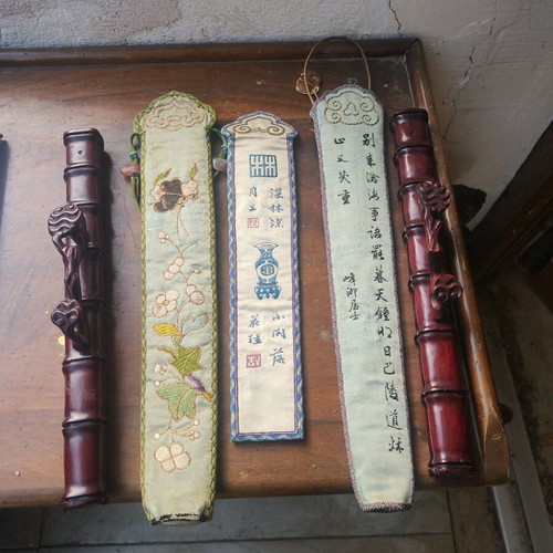 Set of two Chinese dining sets and carved wooden chopstick holders like new