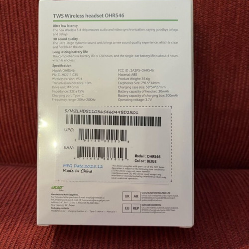 Acer OHR546 earbuds new, golden white, sealed