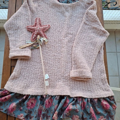 Karavan knitted dress with floral ruffle, dusty pink and petrol