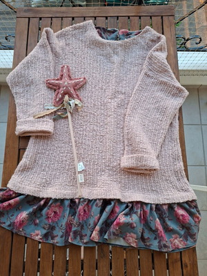 Karavan knitted dress with floral ruffle, dusty pink and petrol