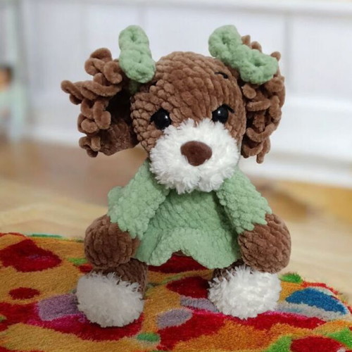 Handmade crocheted dog new with plush yarn and green dress