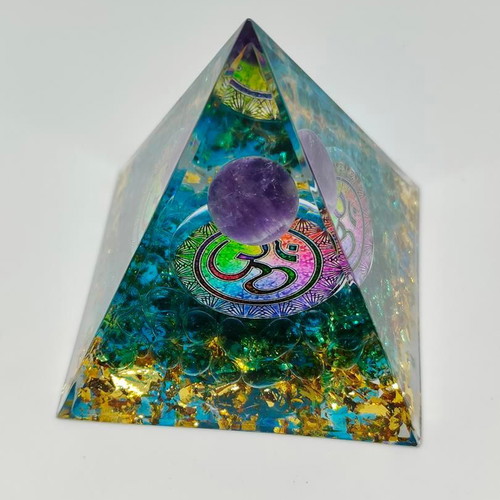 Orgonite pyramid with amethyst and Om symbol like new