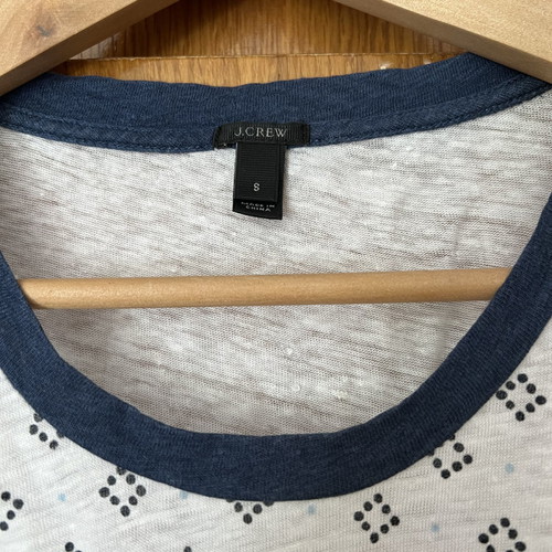 J.Crew Short Sleeve T-shirt White Blue with Patterns 100% Linen Used Small