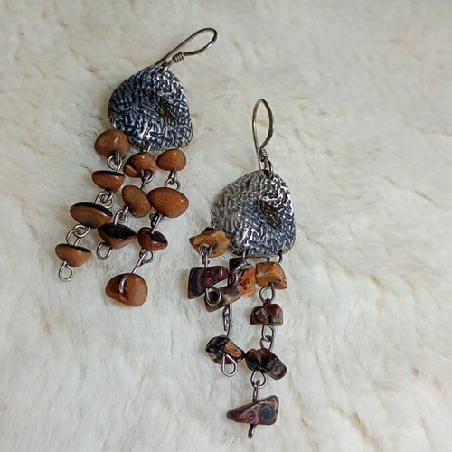 Silver earrings with chains and stones, used