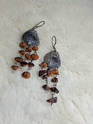 Silver earrings with chains and stones, used