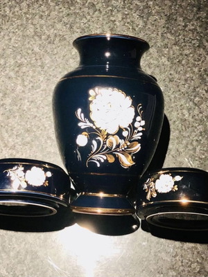 Gold Plated 24K Handmade Decorative Vase and Ashtrays with Dark Blue Flowers
