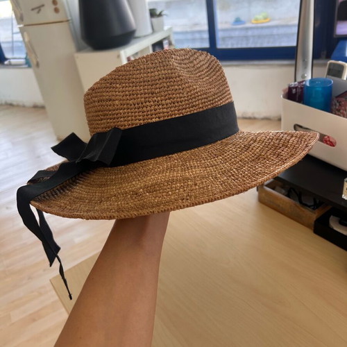 Camaïeu Raffia Sun Hat with Oversized Black Ribbon Bow New