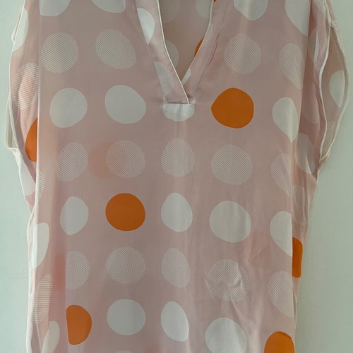Eterna blouse like new with white and orange polka dots on pink