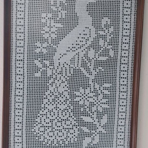 Knitted painting with handmade peacock in wooden frame and glass like new