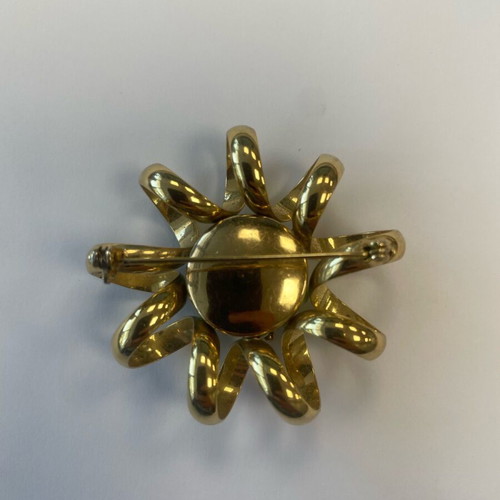 Vintage gold-plated flower brooch used, green accents